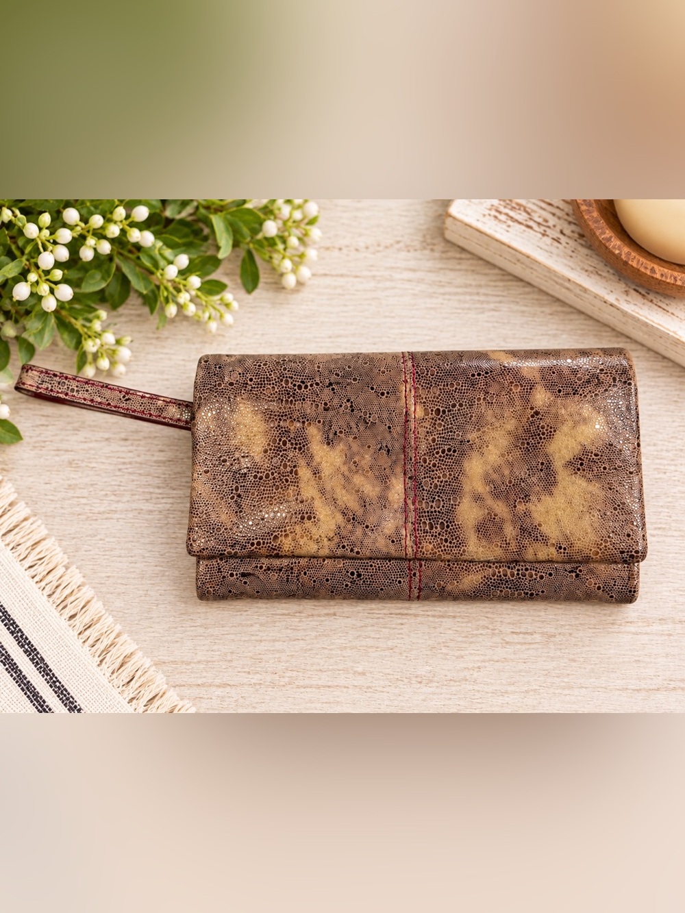 HOBO International Exotic Embossed Leather Trifold Wristlet Wallet Brown